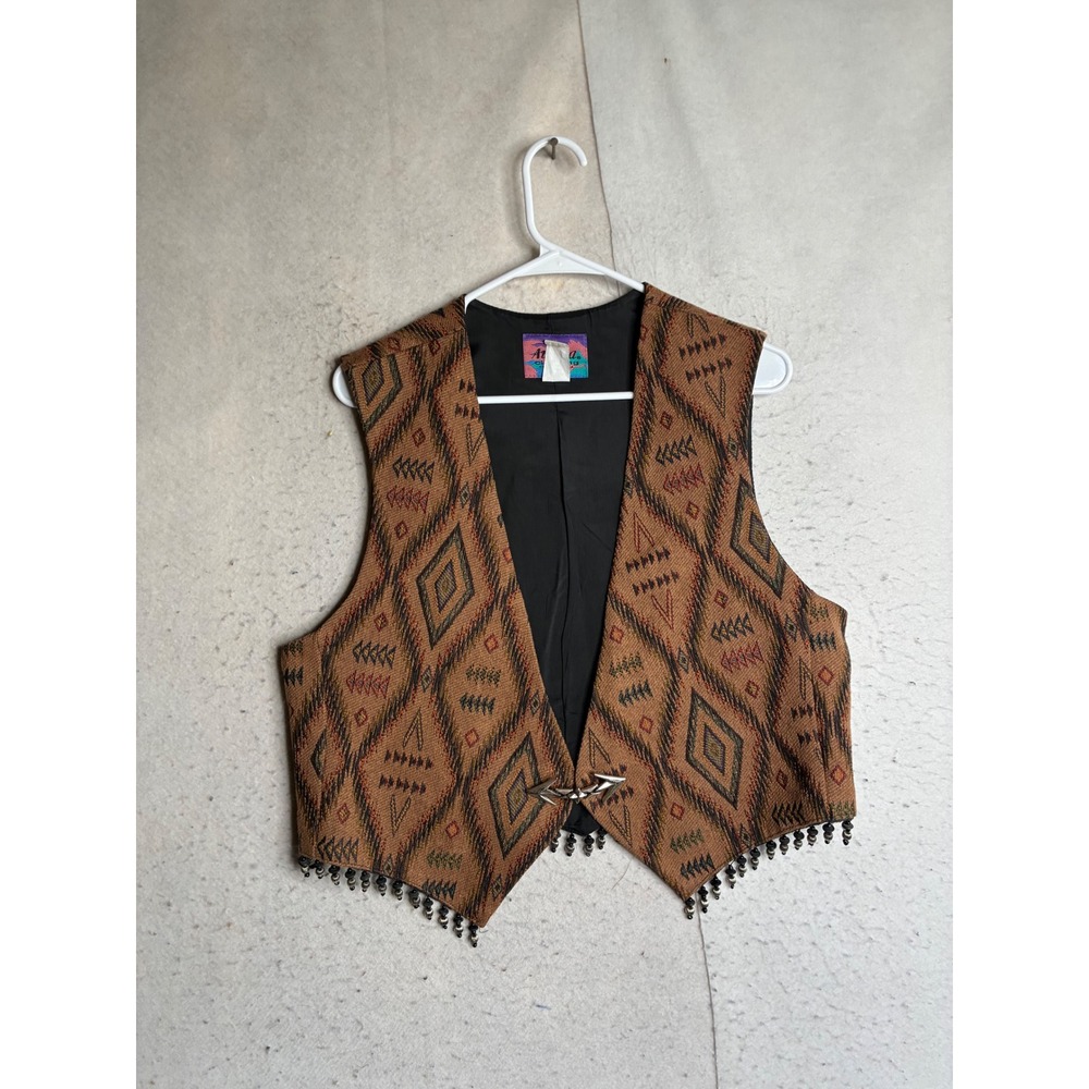 Vintage Aurora Clothing Southwestern Tapestry Vest Beaded Fringe Arrow Clasp M